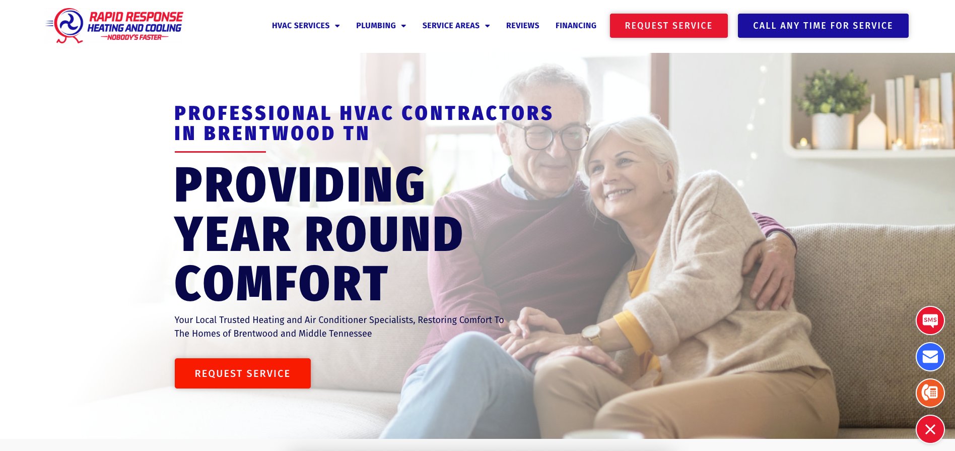 Rapid Response Heating and Cooling homepage with hero image and headline ‘Providing Year Round Comfort’