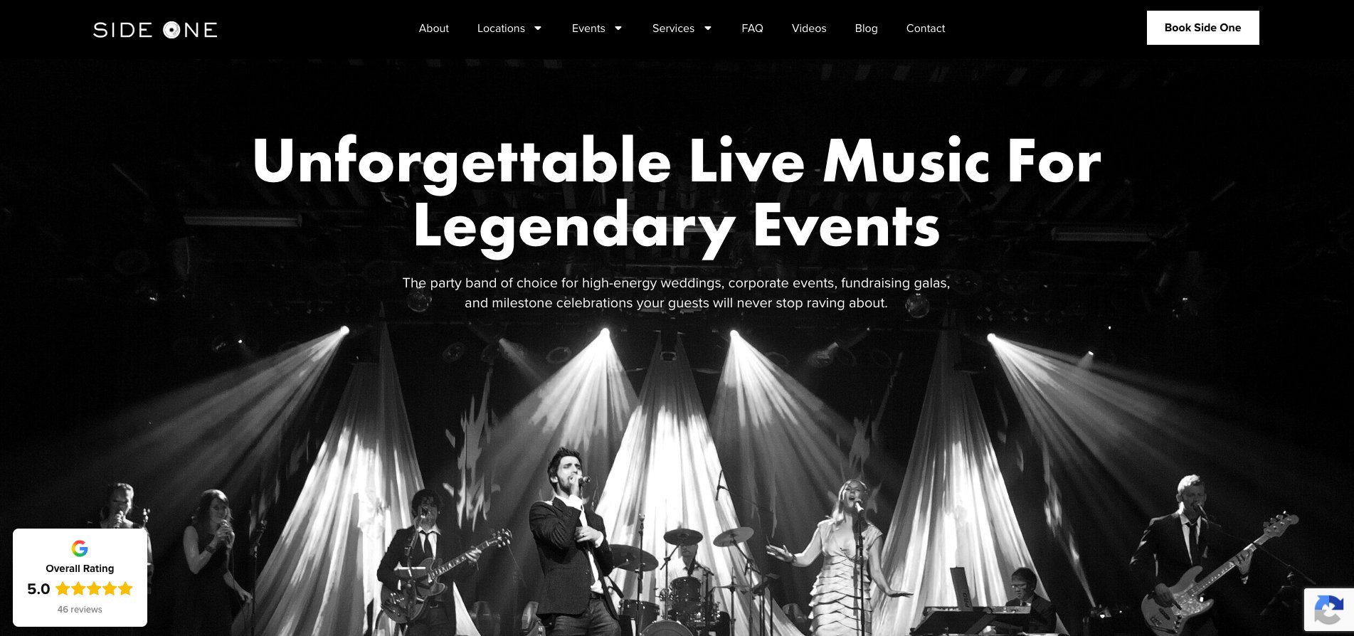 Side One band homepage with concert performance photo and headline ‘Unforgettable Live Music for Legendary Events’