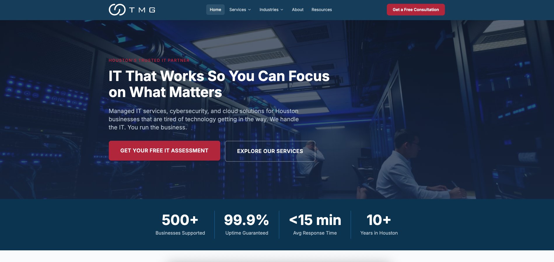 TMG homepage with server room background and headline ‘IT That Works So You Can Focus on What Matters’